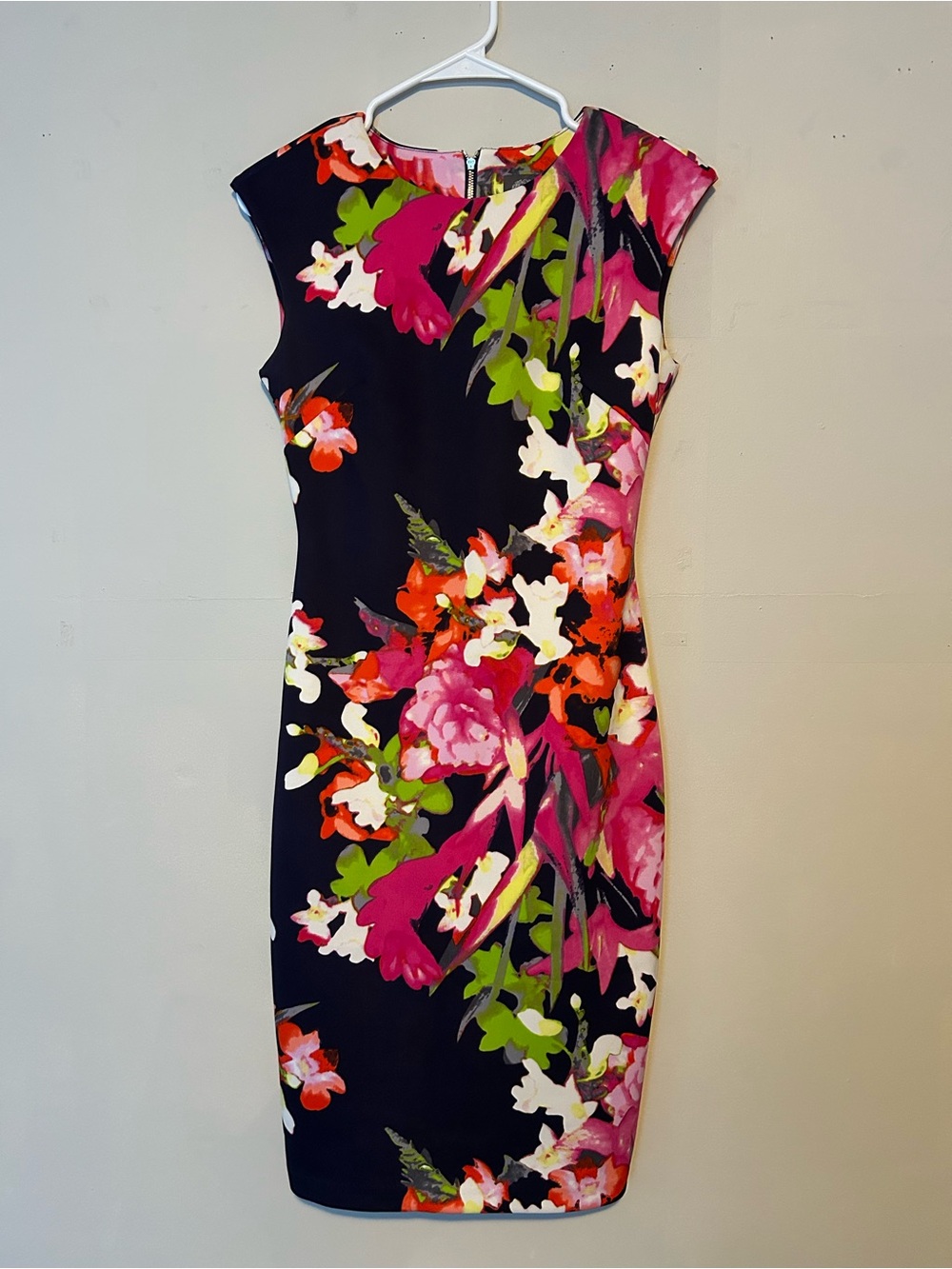 Vince Camuto Navy Multicolor Floral Cap Sleeve Sheath Dress